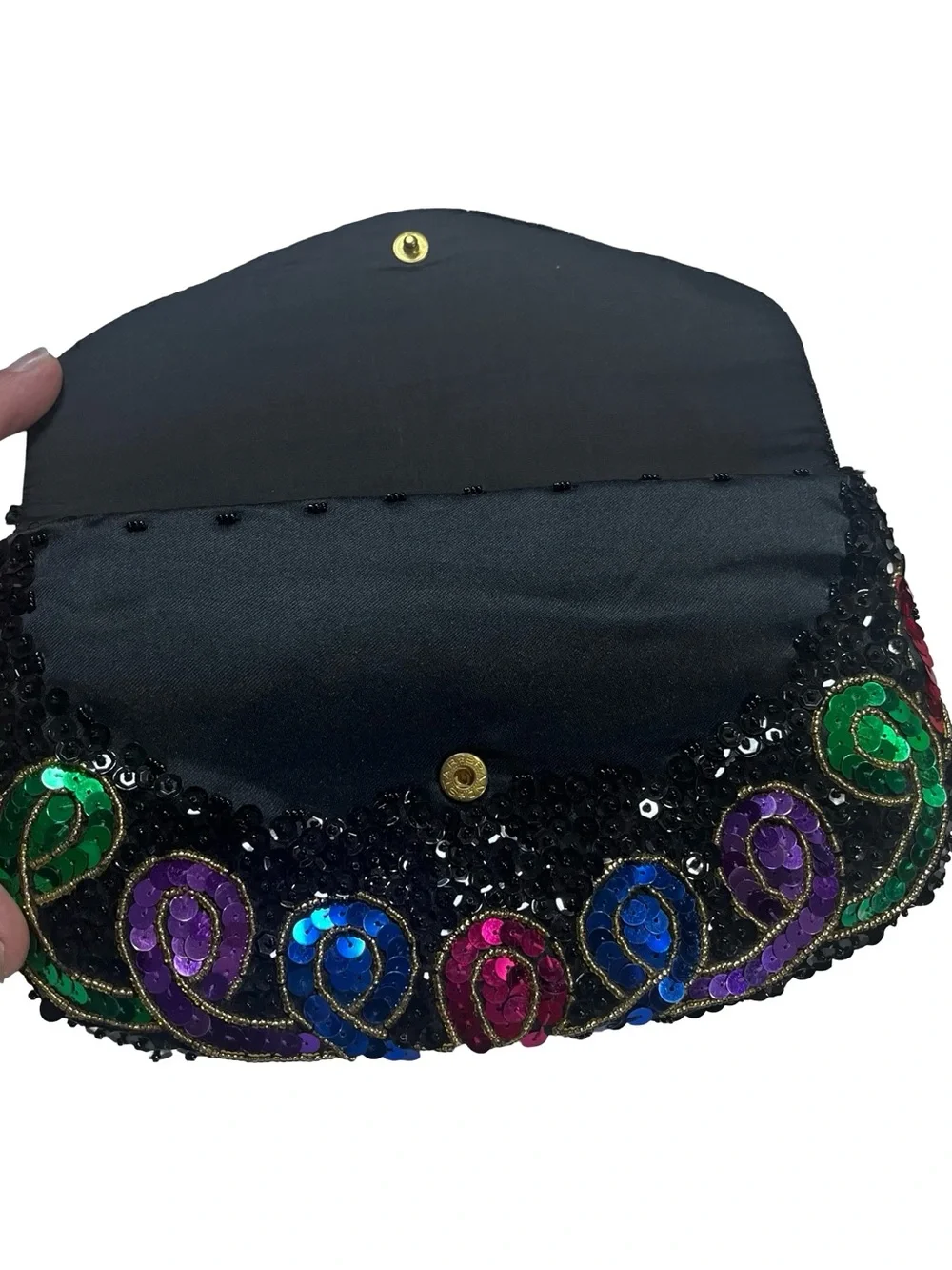 Vtg Multicolor Sequin Hand Beaded Evening Clutch Bag Black Seed Bead Cocktail